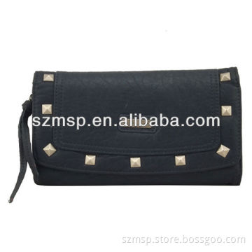 Blue Lichee pattern washed effect pu ladies wallet